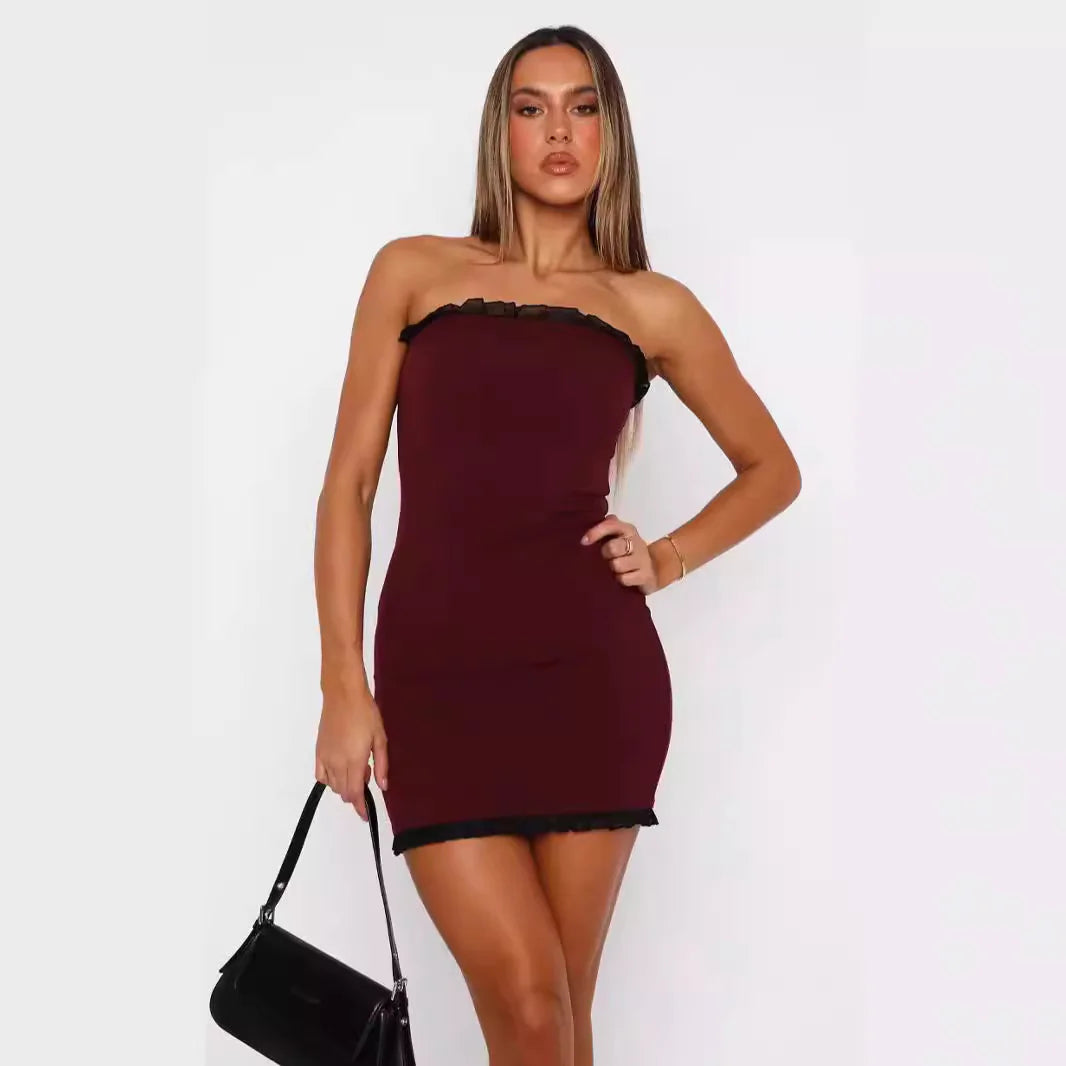 Summer Zipper Lace Fashion Bag Arm Tube Top Off Shoulder Dress